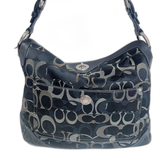 Coach Chelsea Optic Signature Black Monogram Shoulder Bag Hobo Bag Leather - Picture 1 of 10